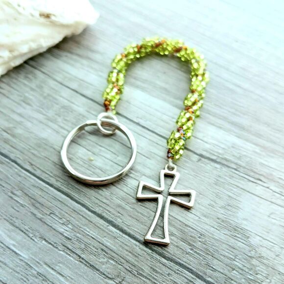 Beaded Cross Keychain, Seed Bead, Green & Brown, 7" - Picture 3 of 5